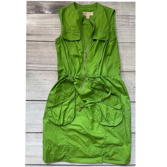 MICHAEL KORS GREEN ZIP UP DRAWSTRING DRESS  XS - Picture 2 of 7